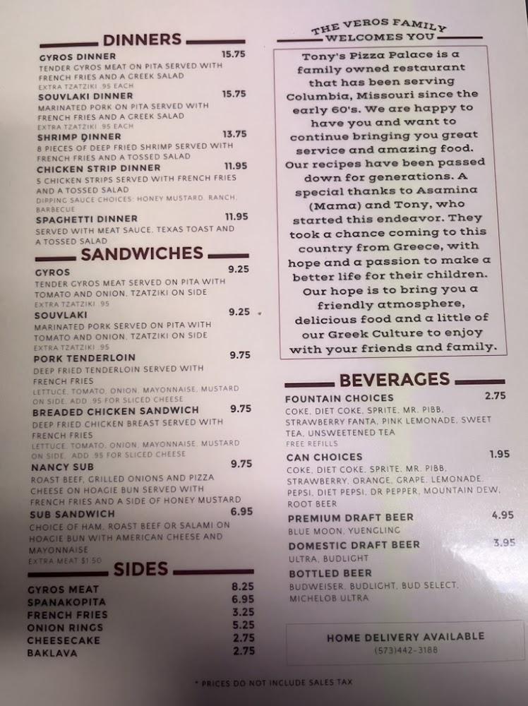 Tony's Pizza Palace Menu image 1